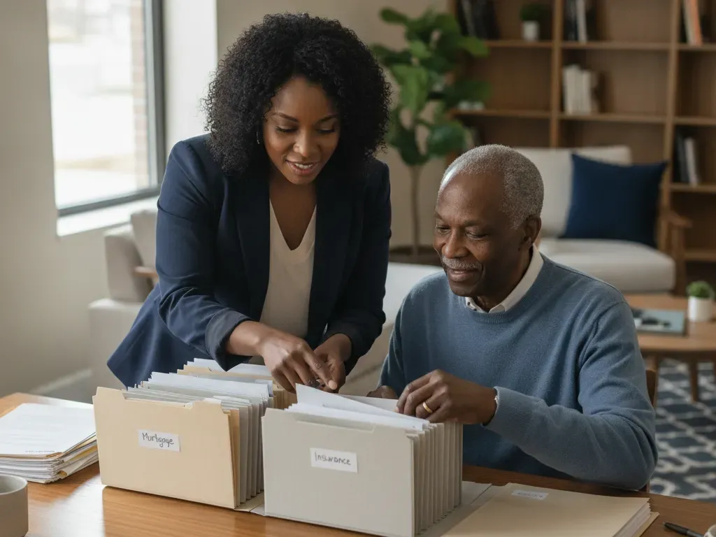 A coach helps an older homeowner sort important papers into labeled file boxes at a table.