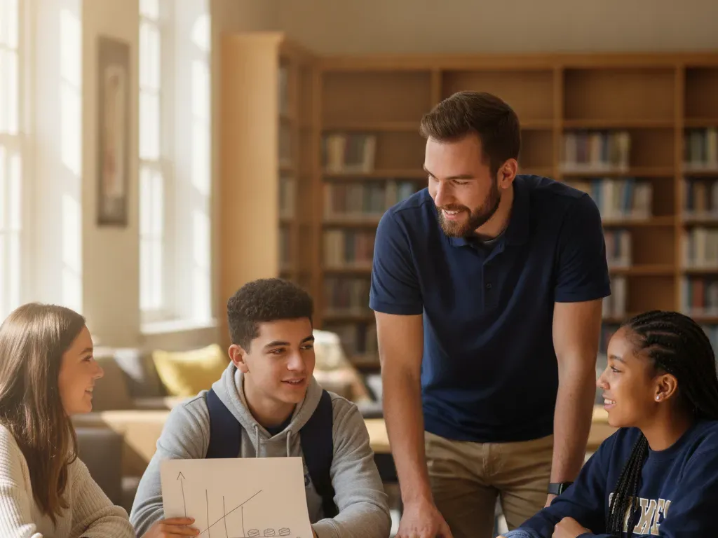 A young coach talks with high school students around a library table; one holds a hand-drawn savings chart.